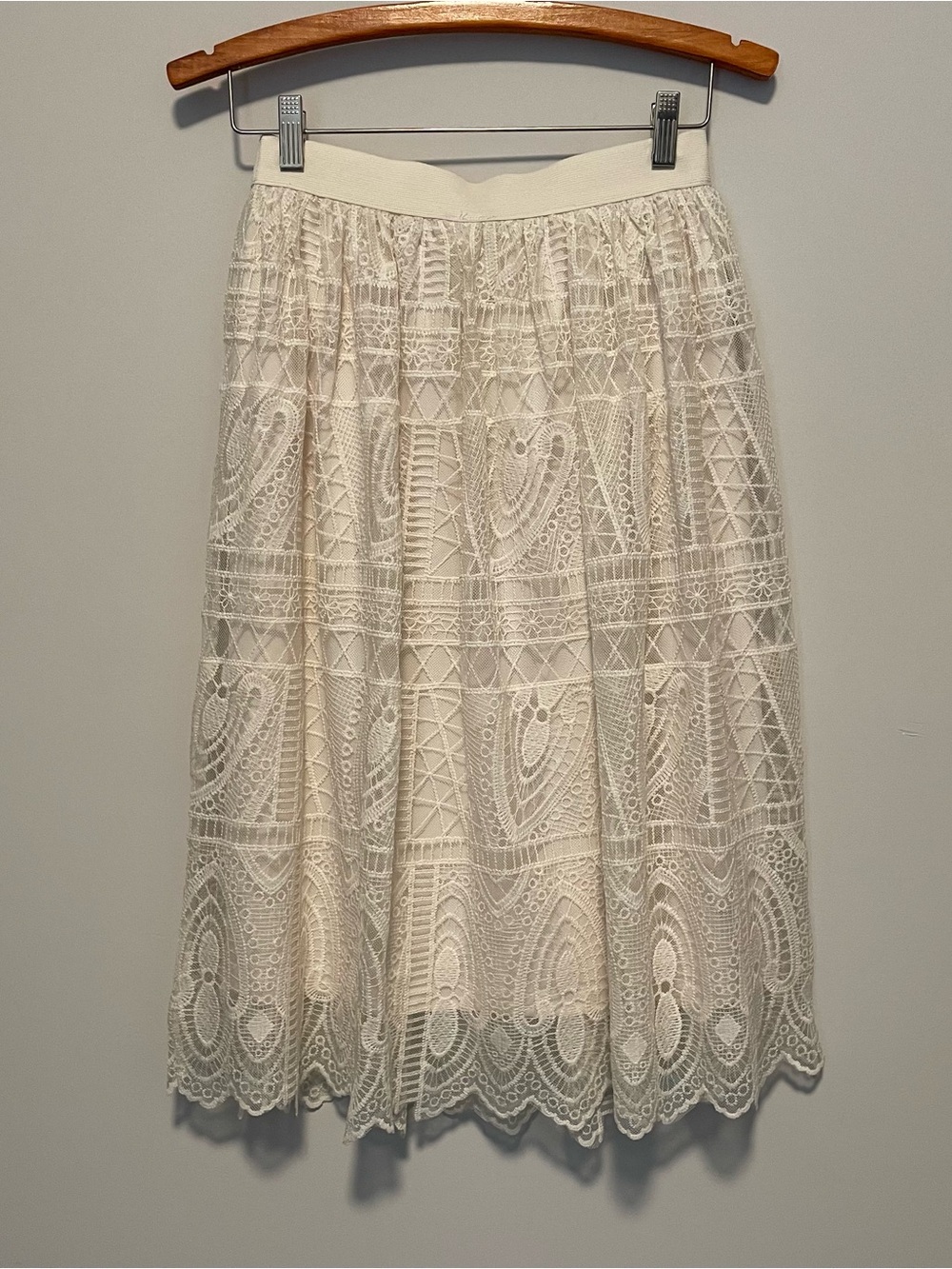 Cream Crochet Lace Midi Skirt S Small Boho Wedding Guest Coastal Granny Scallop - Picture 3 of 4